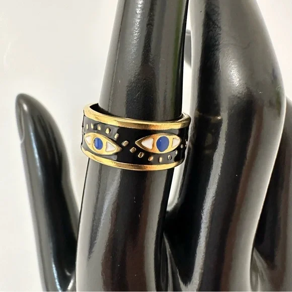 18K Gold Plated Evil Eye Geometric Open Ring - Picture 1 of 4
